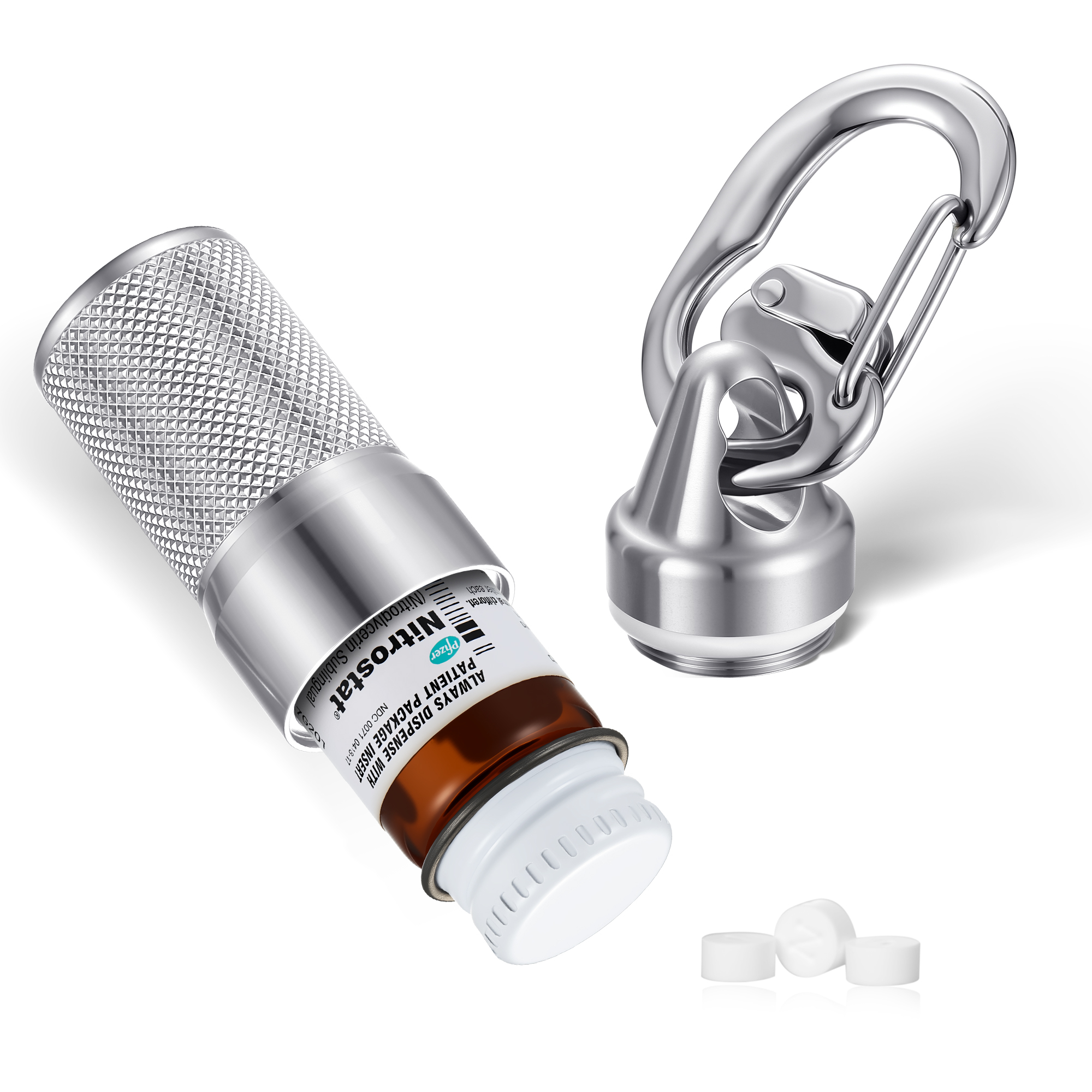 A heavy-duty, silver aluminum nitroglycerin pill holder case shown open on a white background. A standard brown glass Nitrostat bottle with a white cap is sliding perfectly inside the texturized, knurled metal sleeve. The screw-on cap features an integrated swivel loop attached to a sturdy metal carabiner clip. Three small white nitro tablets rest beside the open container, highlighting its specialized function.