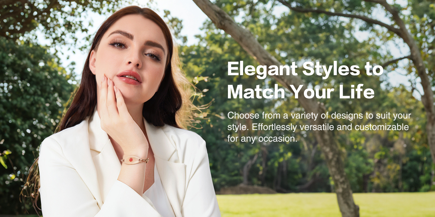 A stylish woman wearing a rose-gold medical alert bracelet with a red symbol, set against a blurred green outdoor background. Text on the right reads, "Elegant Styles to Match Your Life.