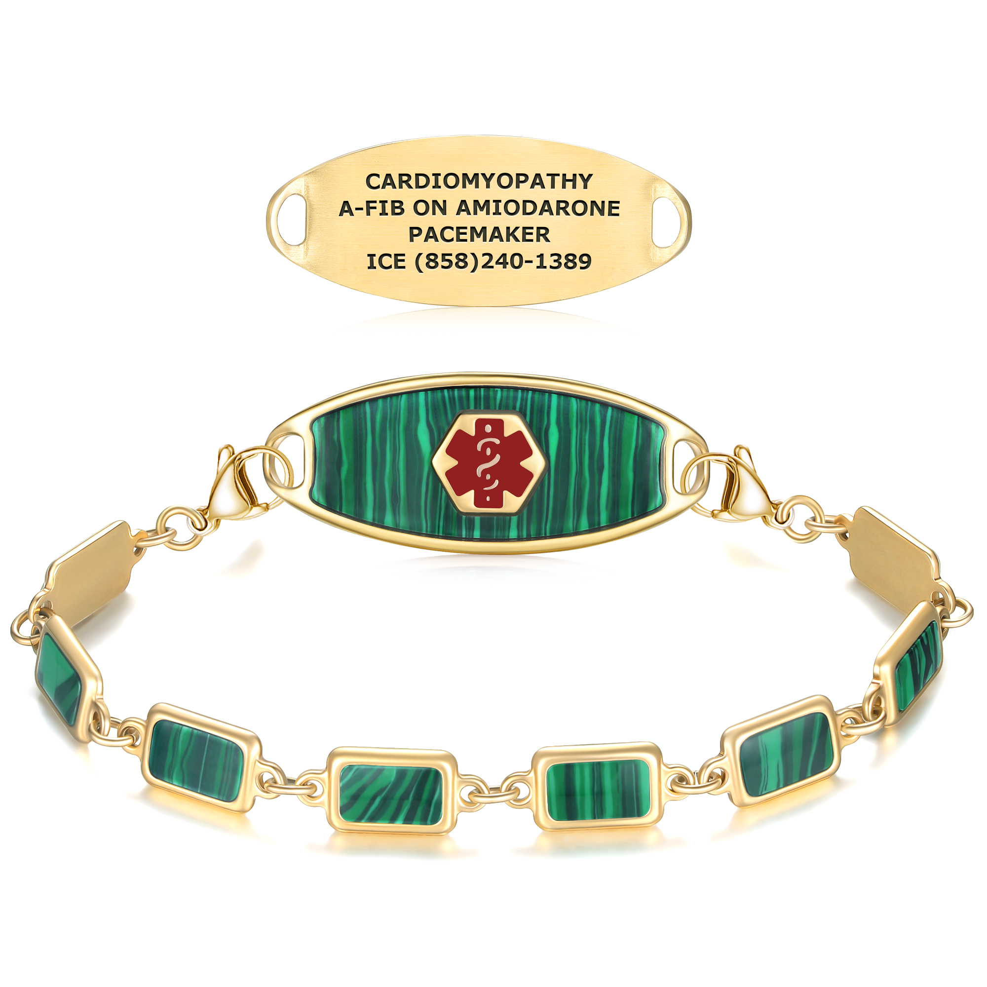 A gold-toned medical alert bracelet featuring a central oval plaque with a vibrant green malachite-like insert and a red hexagonal medical alert symbol with a gold border. The bracelet includes rectangular gold-toned links with matching green malachite-like inserts, connected by small gold rings. Above the bracelet, a separate gold oval plaque is displayed, engraved with medical information: "CARDIOMYOPATHY, A-FIB ON AMIODARONE, PACEMAKER, ICE (858)240-1389." The bracelet is secured with gold lobster claw clasps and is set against a clean white background.