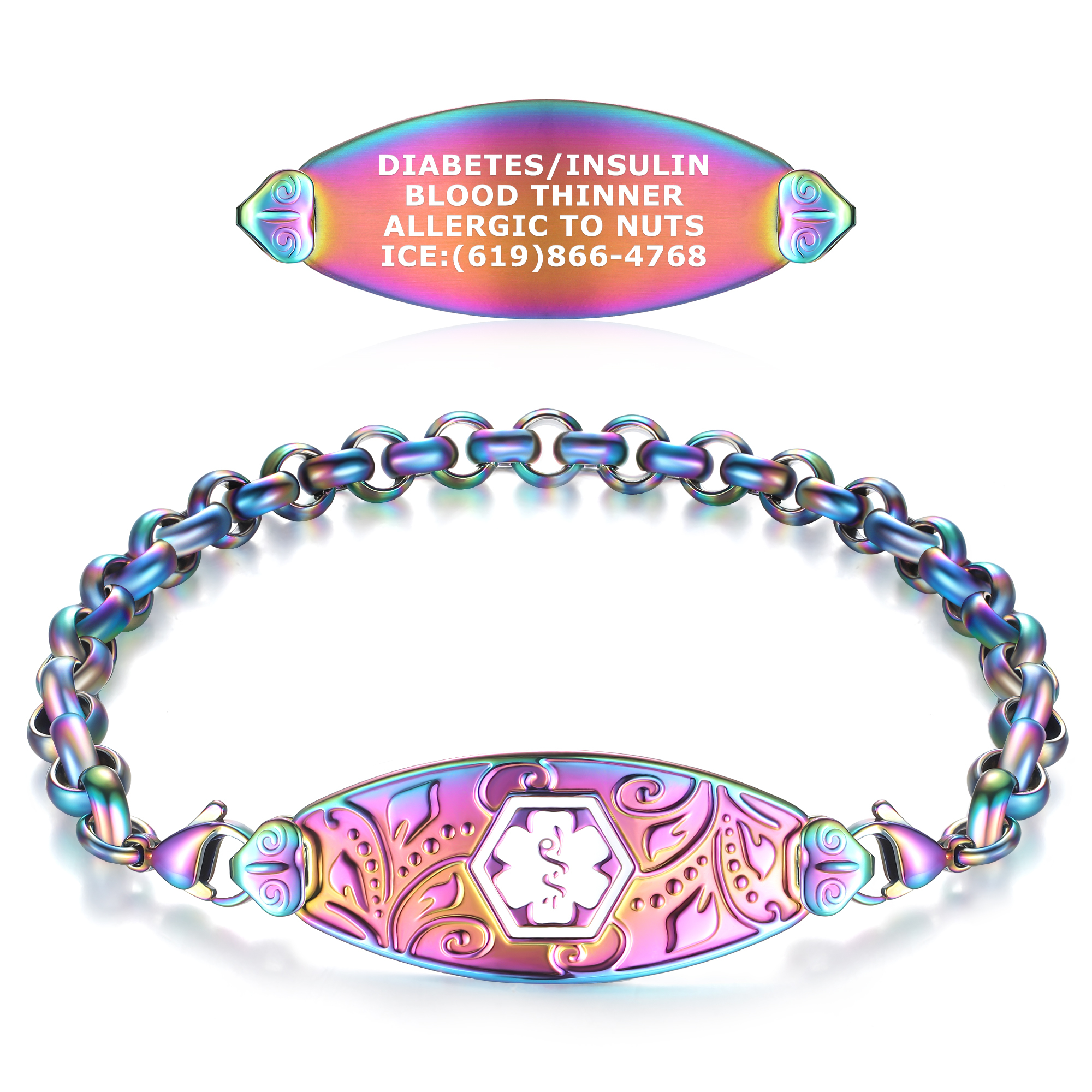 A vibrant iridescent medical alert bracelet featuring a central oval-shaped tag with engraved medical information: "DIABETES/INSULIN," "BLOOD THINNER," "ALLERGIC TO NUTS," and "ICE:(619)866-4768." The tag has a raised decorative design with a white Star of Life symbol in the center. The bracelet is made of chunky interlocked metallic links with a rainbow-like finish, secured with a lobster claw clasp. The bracelet is displayed against a clean white background.