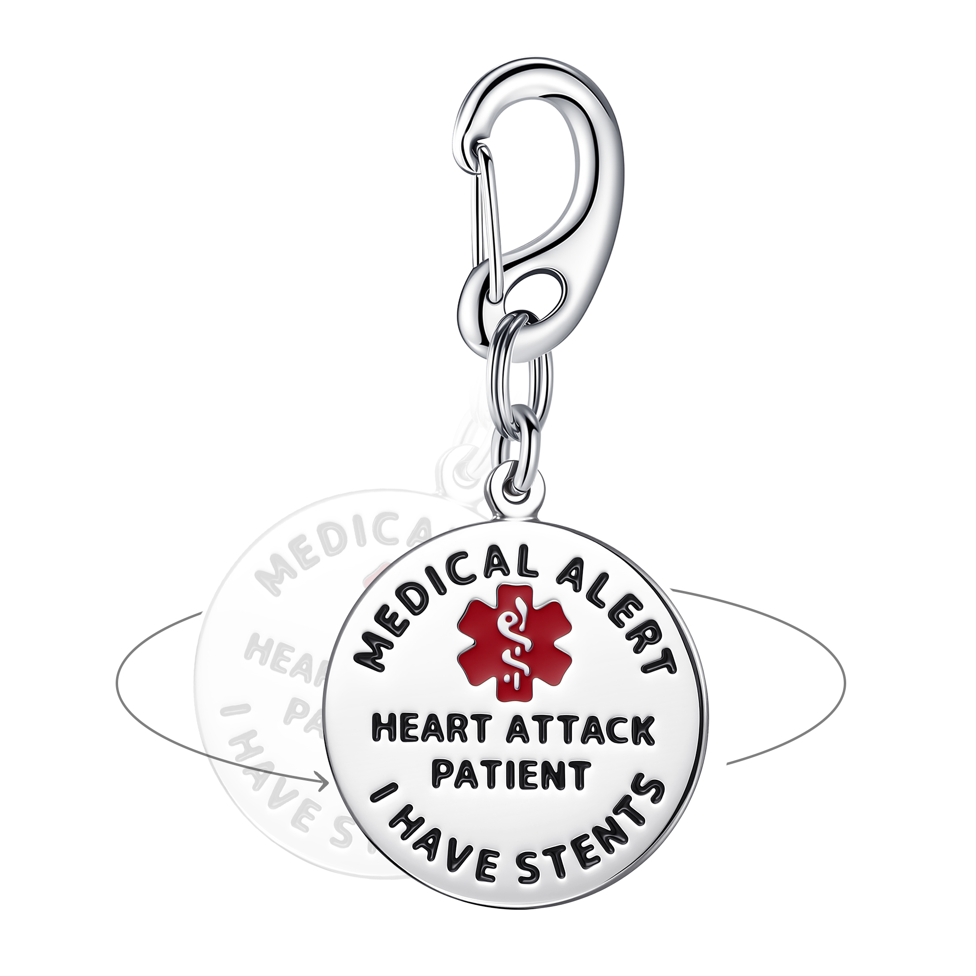 A round, polished stainless steel medical alert charm featuring a spinning design, shown on a clean white background. The front of the circular tag is engraved with bold black text that reads "MEDICAL ALERT," "HEART ATTACK PATIENT," and "I HAVE STENTS," surrounding a vibrant red enamel Star of Life medical symbol at the center. The tag hangs from a dual-ring jump link connected to a heavy-duty lobster-style carabiner clip. A faint, motion-blurred duplicate of the tag flips behind it with an arrow graphic, illustrating its double-sided spinning functionality.