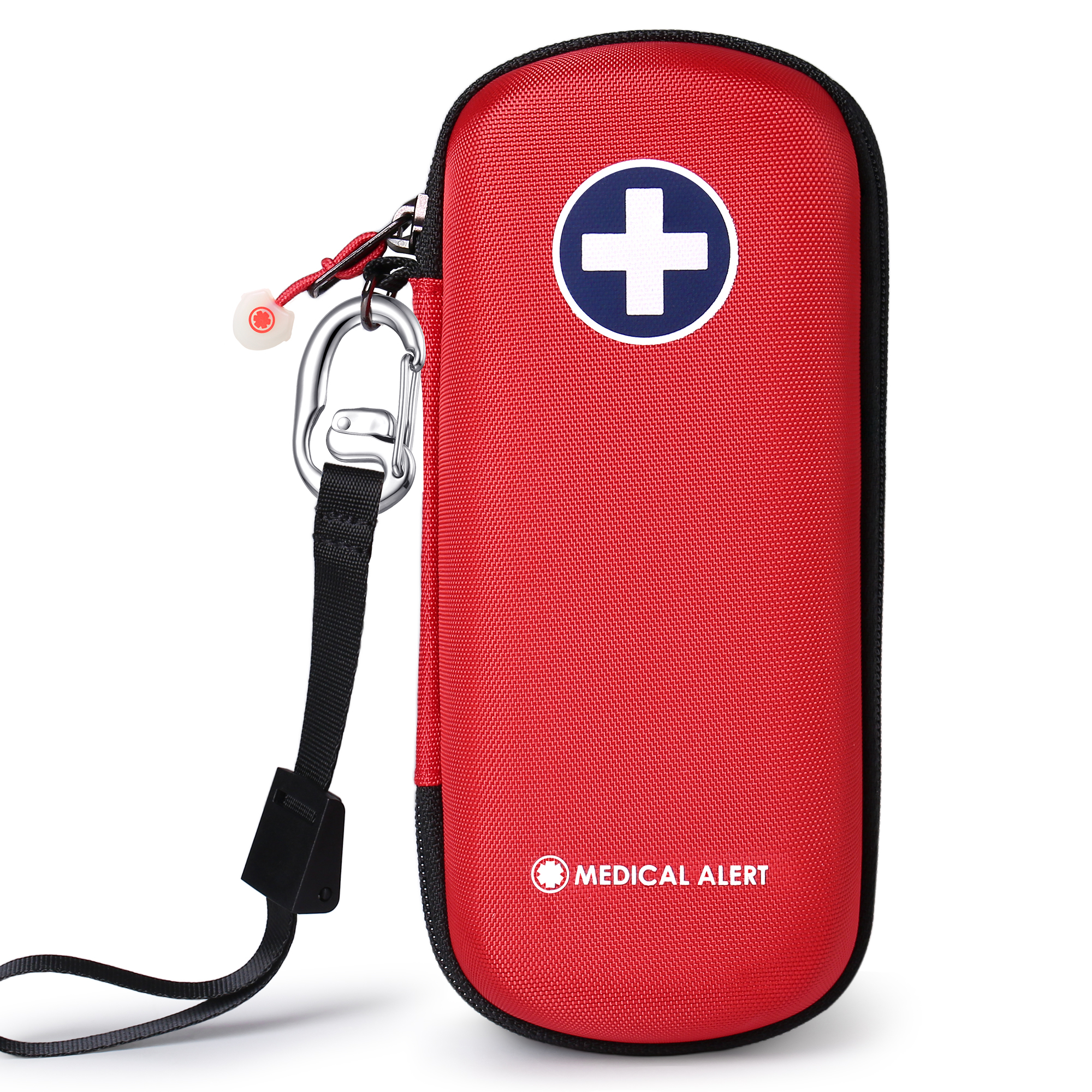 Red hard-shell medical alert case with a white cross logo, 'Medical Alert' text, and a Star of Life symbol, featuring a zipper closure, carabiner clip, and wrist strap for portability.