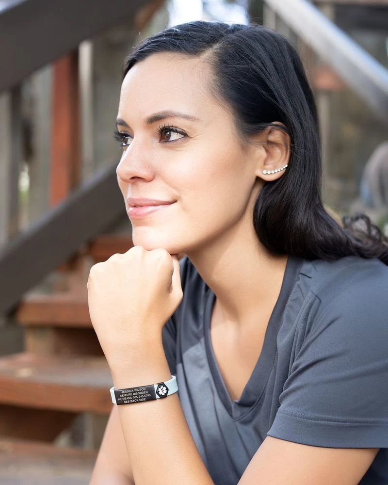 Dual-Sided Engraved Silicone Medical ID Bracelet being worn