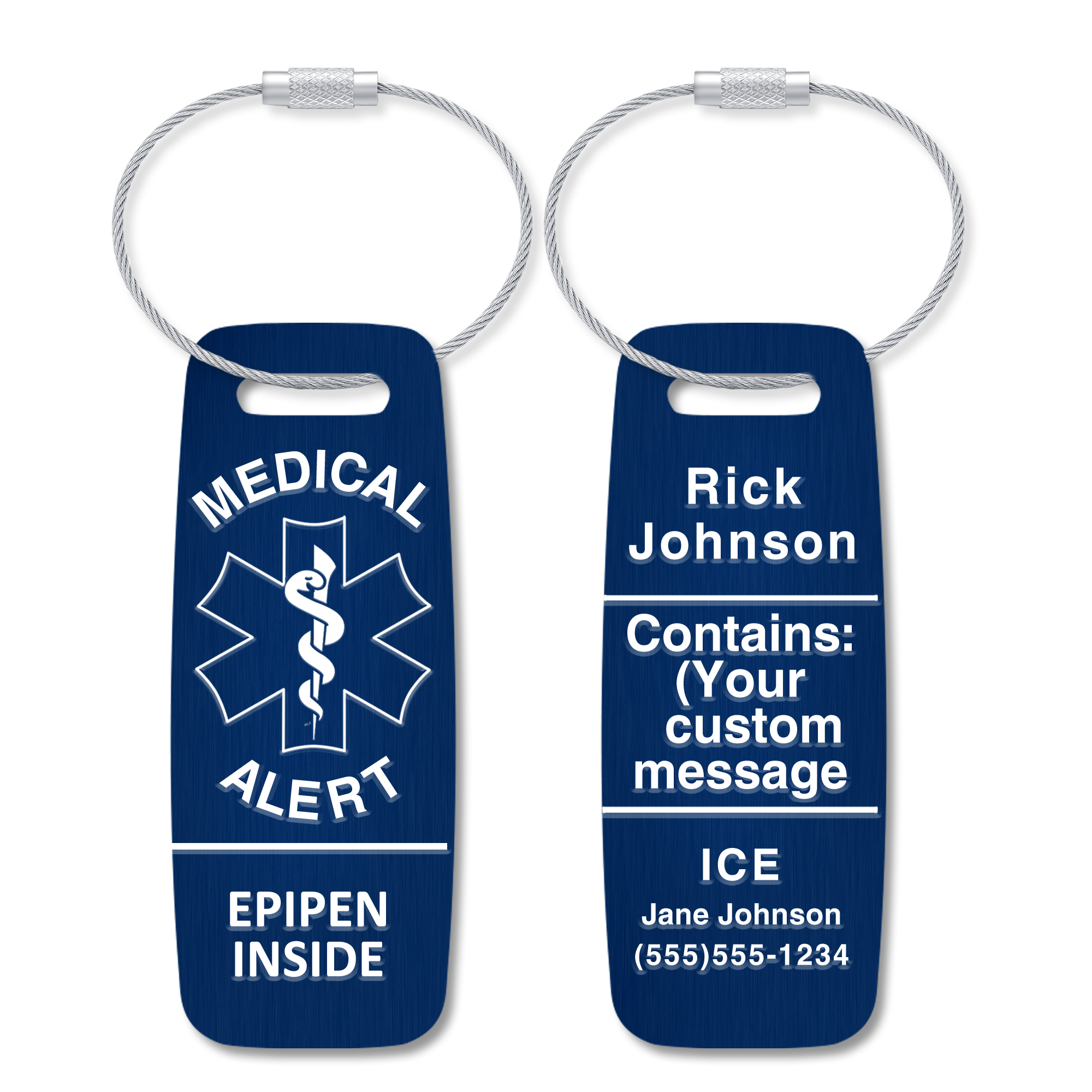 dark blue rectangular medical alert tags with 'EpiPen Inside' on the front and customizable emergency contact details on the back, attached with durable silver wire loops.