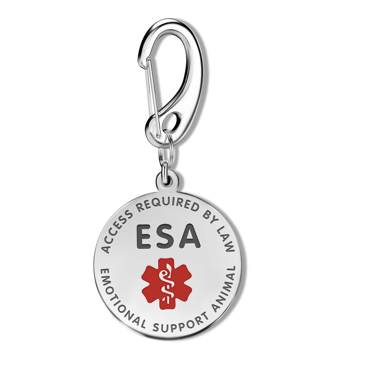 Silver circular ESA tag with 'ACCESS REQUIRED BY LAW' and 'EMOTIONAL SUPPORT ANIMAL' text, featuring a red medical symbol, attached to a polished silver carabiner clip.
