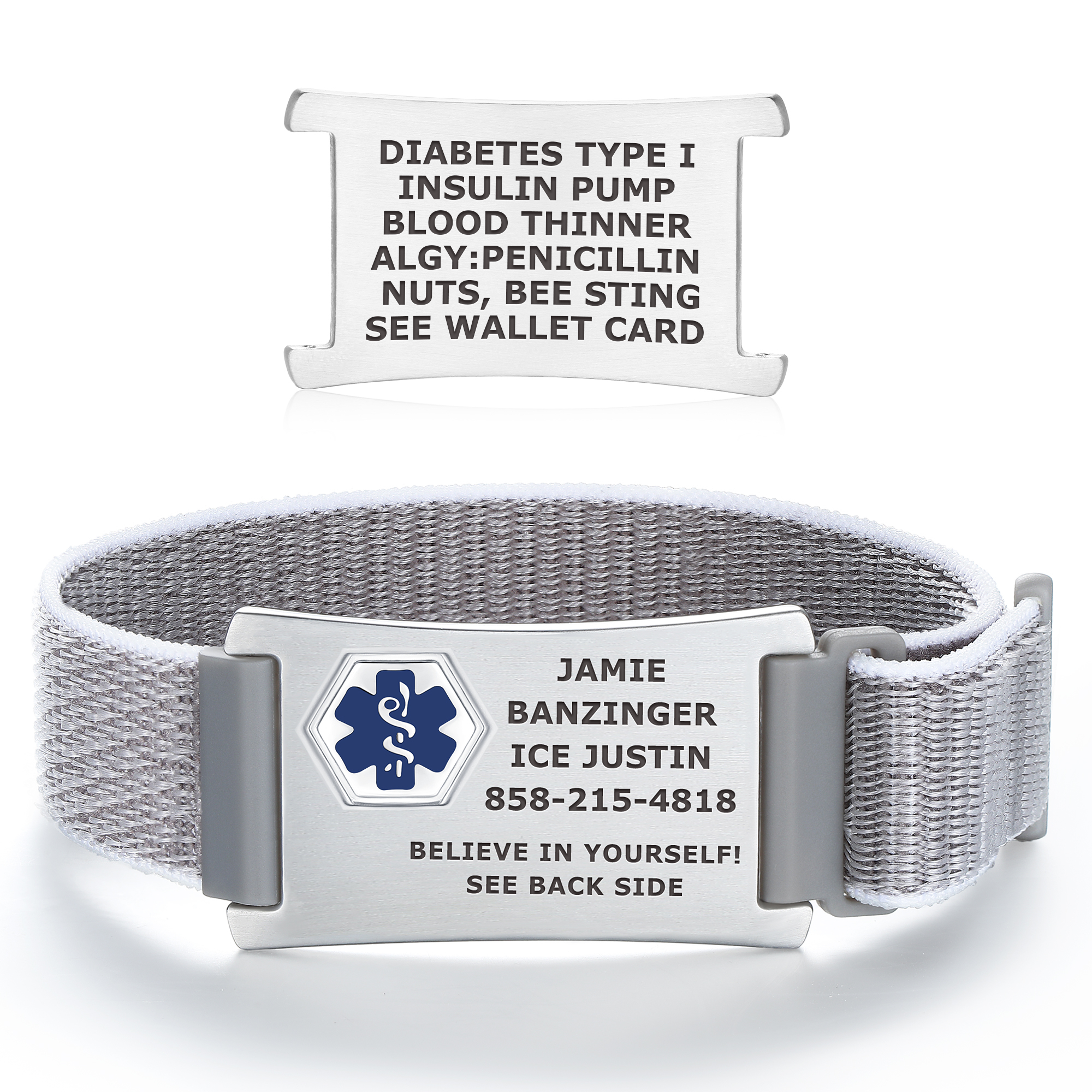 Gray fabric medical alert bracelet with a silver ID plate engraved with personal details, emergency contacts, and medical conditions like Type 1 Diabetes and severe allergies.