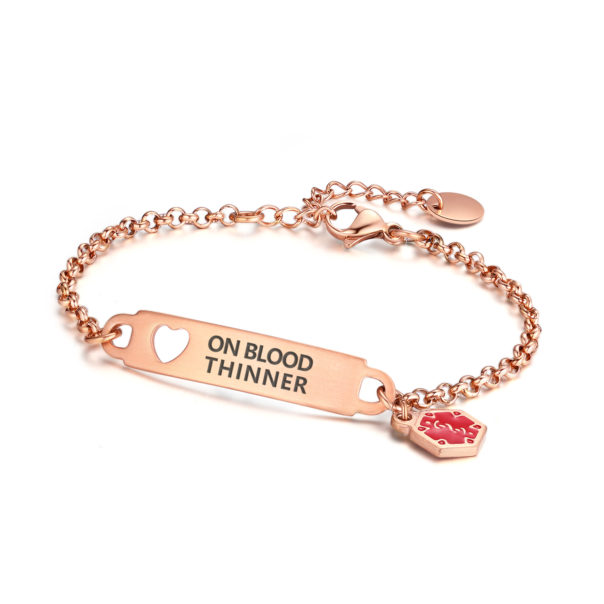 A rose gold medical alert bracelet featuring a delicate Rolo chain and a rectangular ID tag engraved with "ON BLOOD THINNER" in dark sans-serif font. The ID tag includes a heart-shaped cutout on the left side and is connected to the chain with small jump rings. A red hexagonal medical alert charm with a white medical symbol and a rose gold border hangs near the tag. The bracelet also features a lobster clasp, an adjustable extender chain, and a small oval disc charm at the end, all displayed against a clean white background.