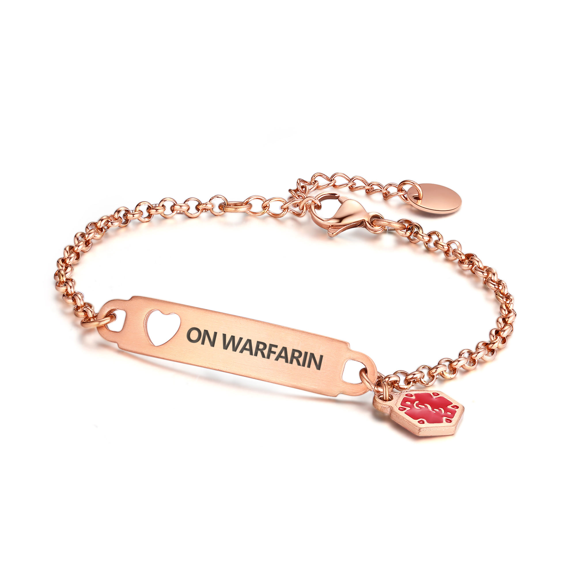A rose gold medical alert bracelet featuring a polished rolo chain and a rectangular ID plaque engraved with "ON WARFARIN" in black uppercase letters. The ID plaque includes a heart-shaped cutout on the left side and is connected to the chain with small jump rings. A red hexagonal medical alert charm with a rose gold border and a white medical symbol hangs near the tag. The bracelet also features a lobster clasp, an adjustable extender chain, and a small rose gold circular charm at the end, all displayed against a clean white background.