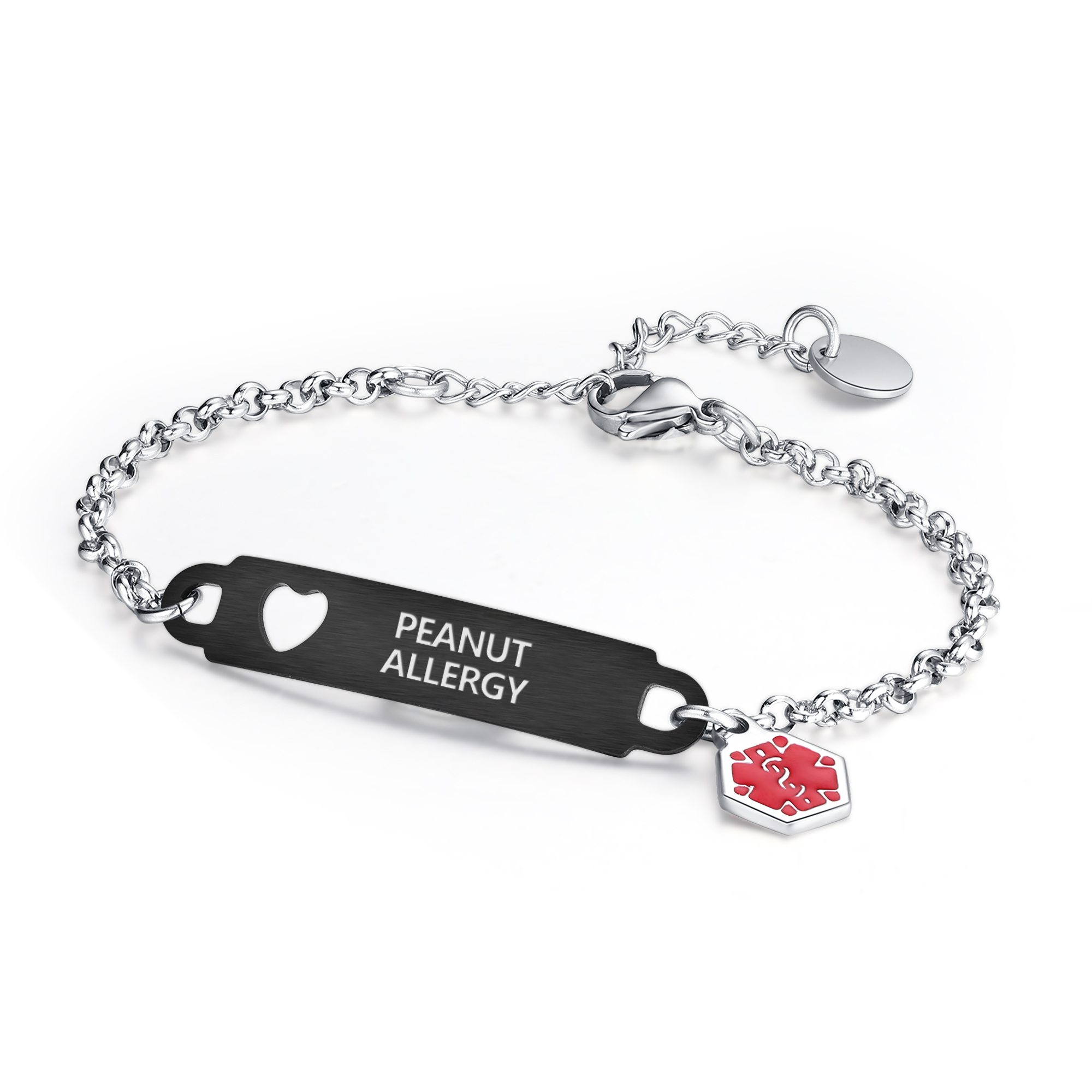 A silver-toned medical alert bracelet featuring a black rectangular ID plate engraved with "PEANUT ALLERGY" in white uppercase letters. The ID plate includes two heart-shaped cut-outs on the left side, connecting to a polished Rolo chain. A red hexagonal medical alert charm with a silver border and symbol is attached near the ID plate. The bracelet also includes a lobster clasp and an adjustable extension chain with a small silver disc charm, all displayed against a clean white background.