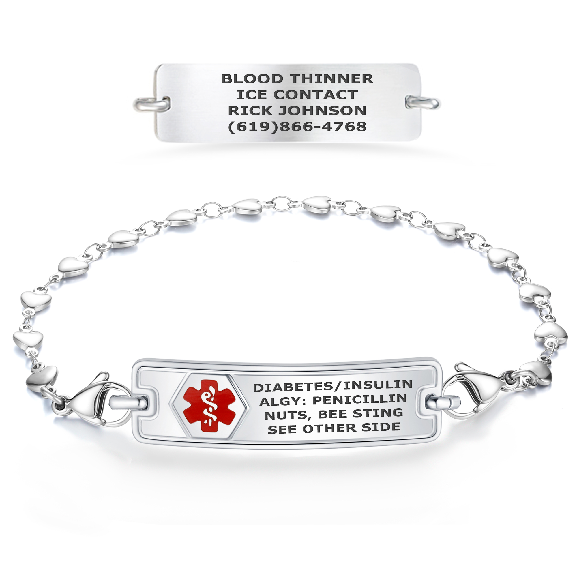 A silver medical alert bracelet featuring a rectangular ID plate with a red medical alert symbol and engraved text detailing critical health information, including "DIABETES/INSULIN," "ALGY: PENICILLIN," "NUTS, BEE STING," and "SEE OTHER SIDE." The bracelet is made of shiny, heart-shaped links and includes a lobster clasp for secure fastening. Above the bracelet, a separate silver ID plate is displayed, engraved with "BLOOD THINNER," "ICE CONTACT," and emergency contact details for "Rick Johnson" with a phone number. The design combines functionality and elegance, ensuring vital medical information is easily accessible in emergencies.