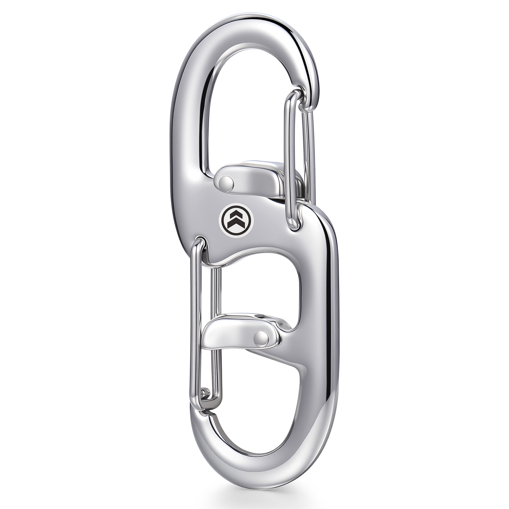 Polished stainless steel dual-chamber carabiner keychain with a sleek double-gate quick release design. A heavy-duty, secure key clip and EDC utility hook shown against a clean white background.