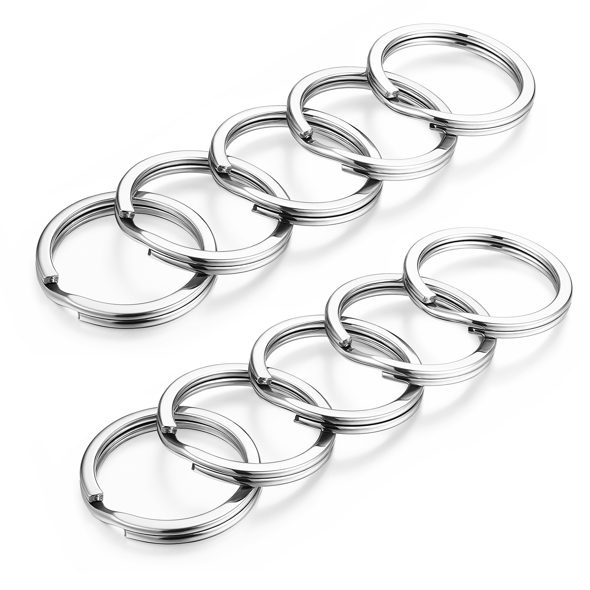 Two parallel rows of interlocked silver split key rings, showcasing their polished finish and durable construction, displayed diagonally on a white background.