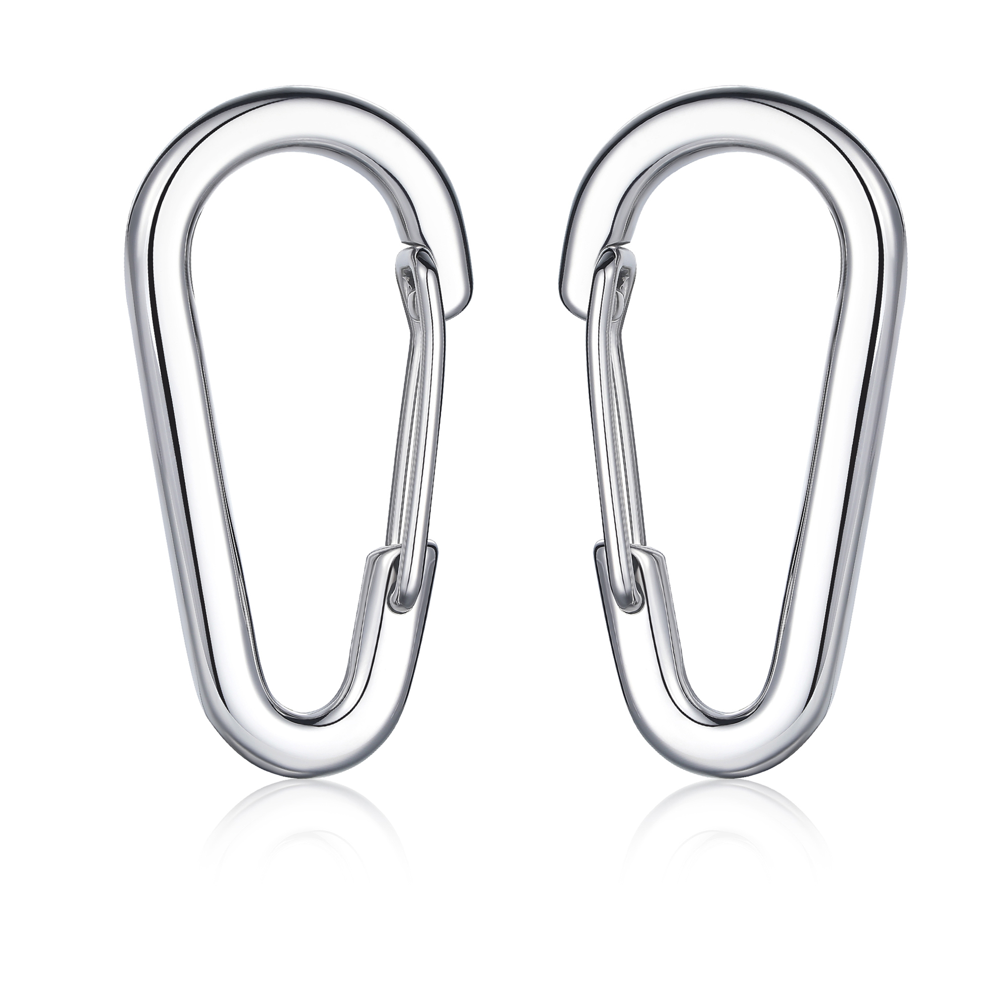 Two identical polished silver carabiner clips with a D-shape and spring-loaded gates, displayed side-by-side on a reflective white surface.