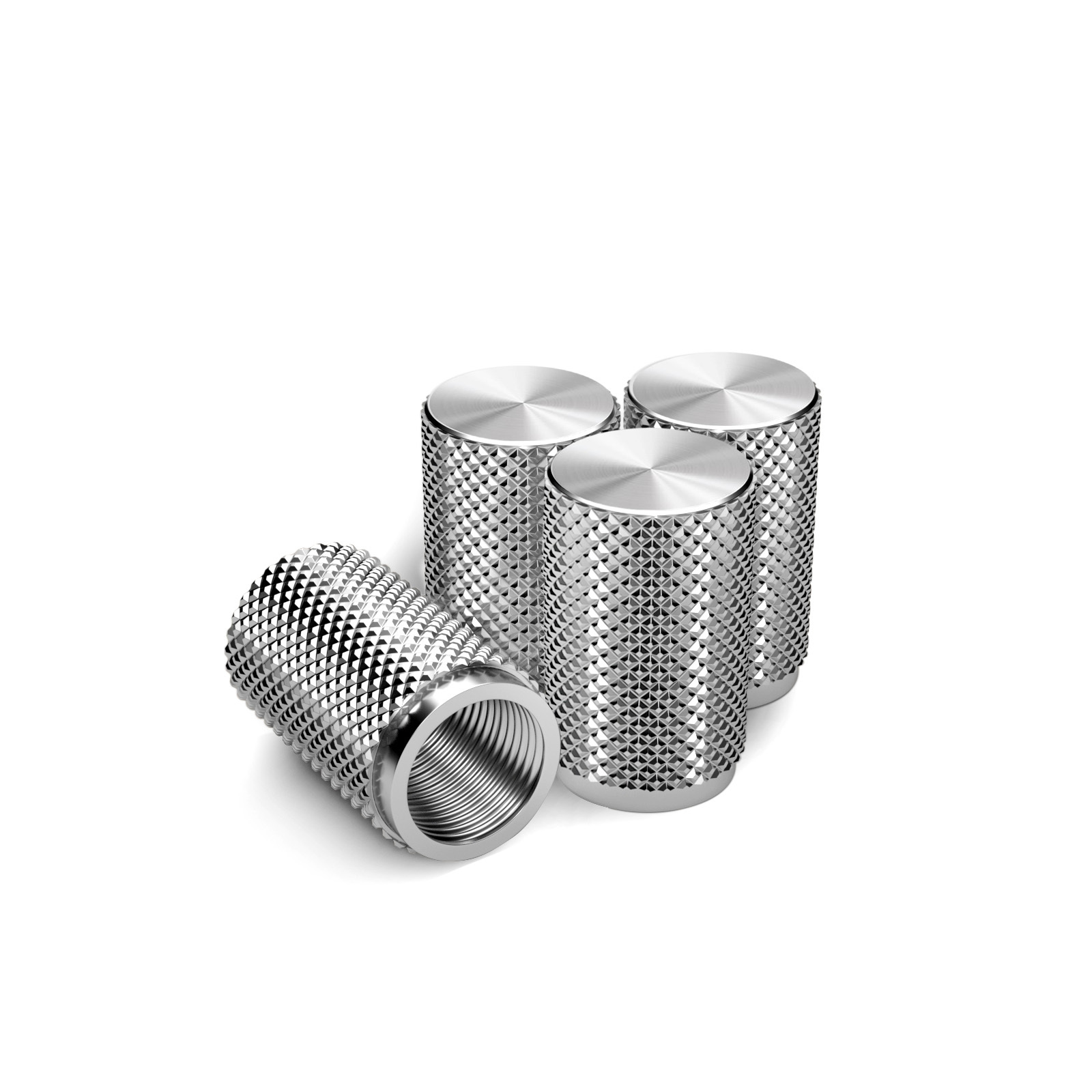 Set of four silver knurled cylindrical components, showcasing textured sides and internal threading, ideal for industrial or decorative use.