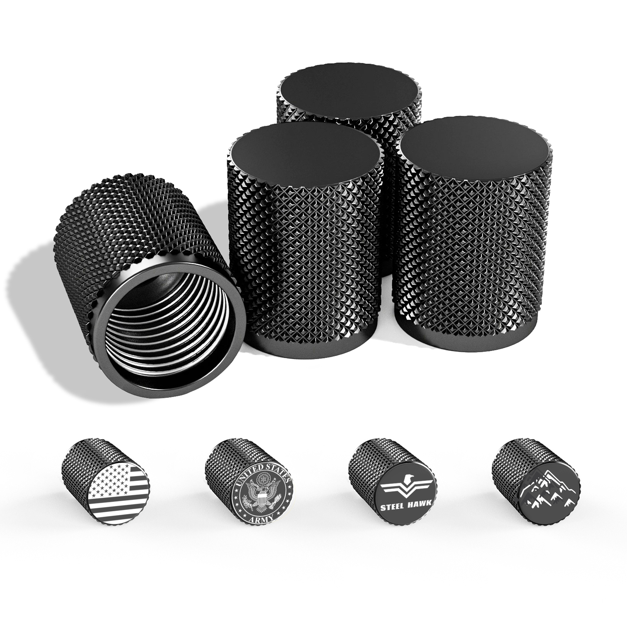Set of nine black knurled caps, featuring customizable designs like an American flag, US Army emblem, and mountain range, perfect for personalization.