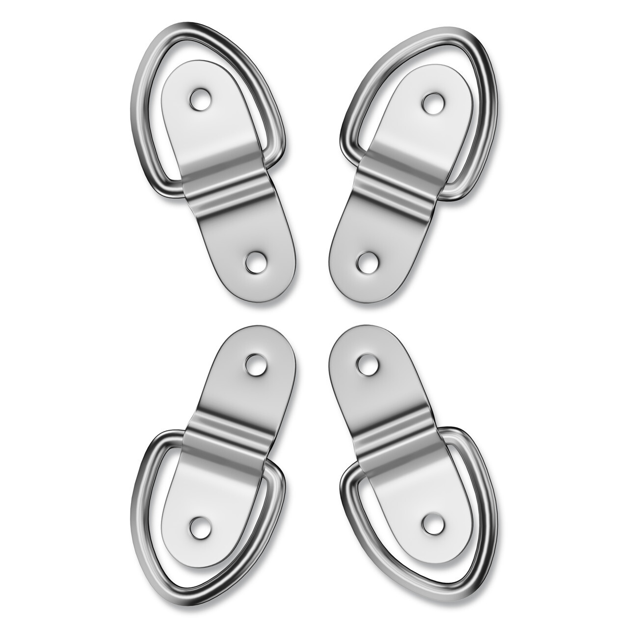 Set of four silver D-ring picture hangers with elongated mounting plates and screw holes, arranged in a 2x2 grid on a white background.