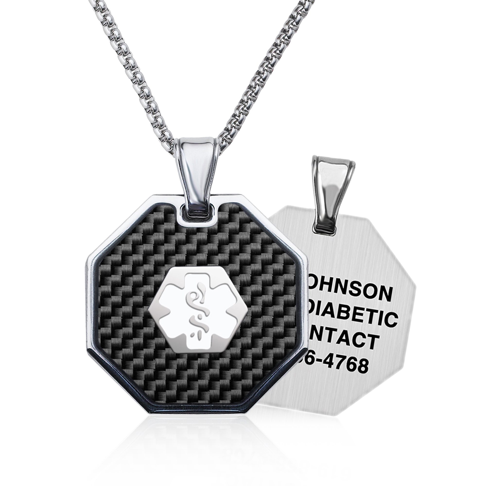 medical alert necklace with a carbon fiber pendant featuring a white medical symbol and a customizable back pendant engraved with emergency details.