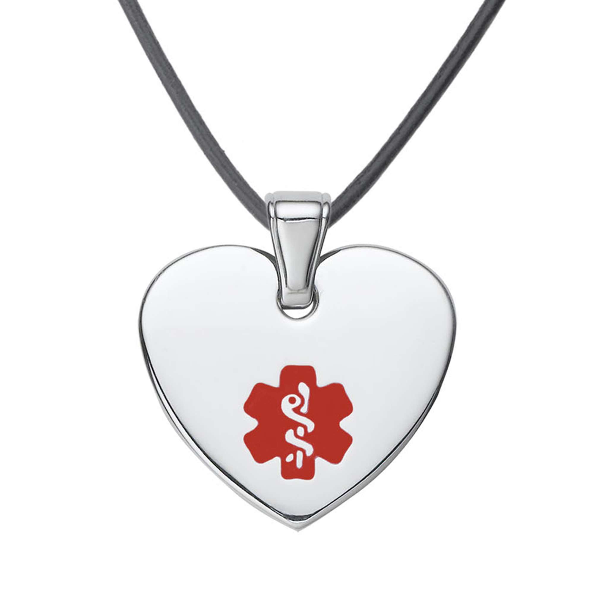 Medical ID - Heart Medical ID Necklace with 20-inch Leather Cord