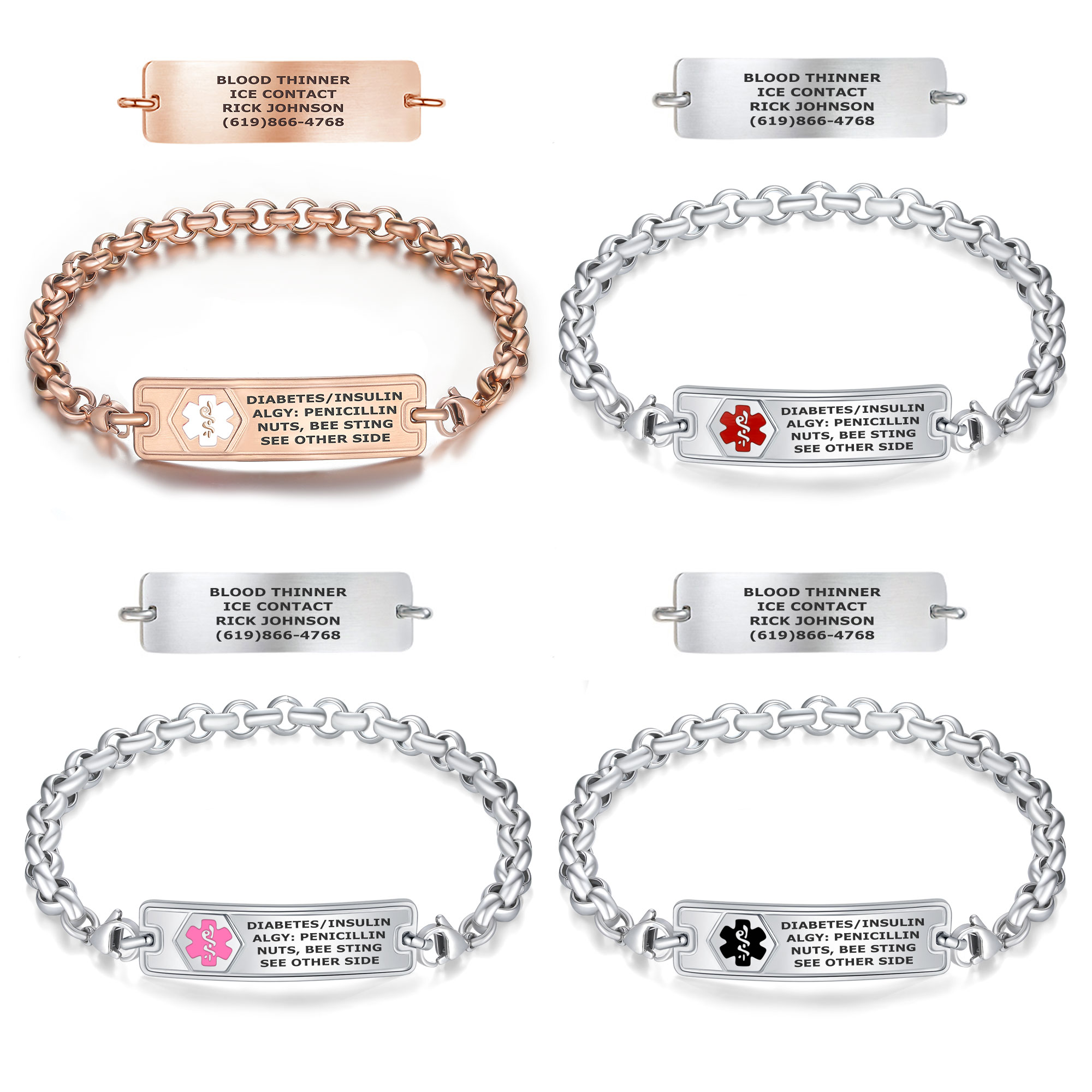 Medical ID - Rect Classic Elegant Rolo Medical ID Bracelet