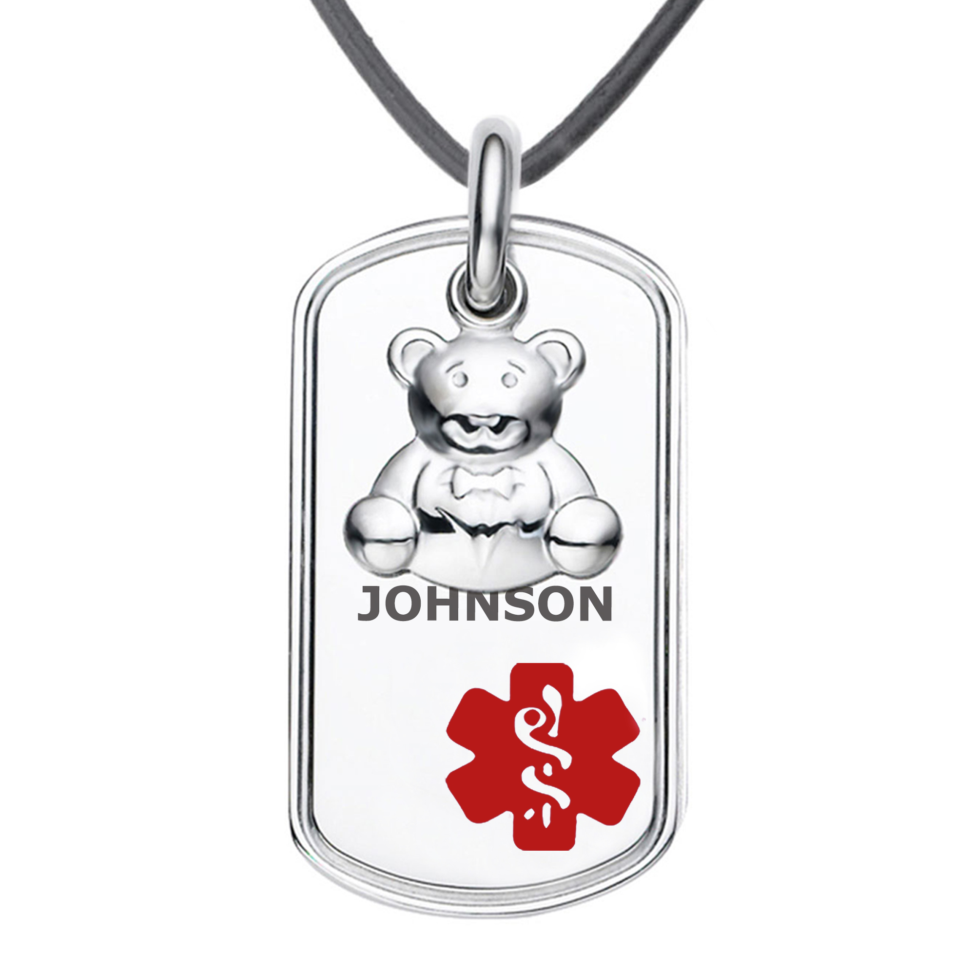 Medical ID - 20-Inch Teddy Bear Leather Cord Medical ID Necklace
