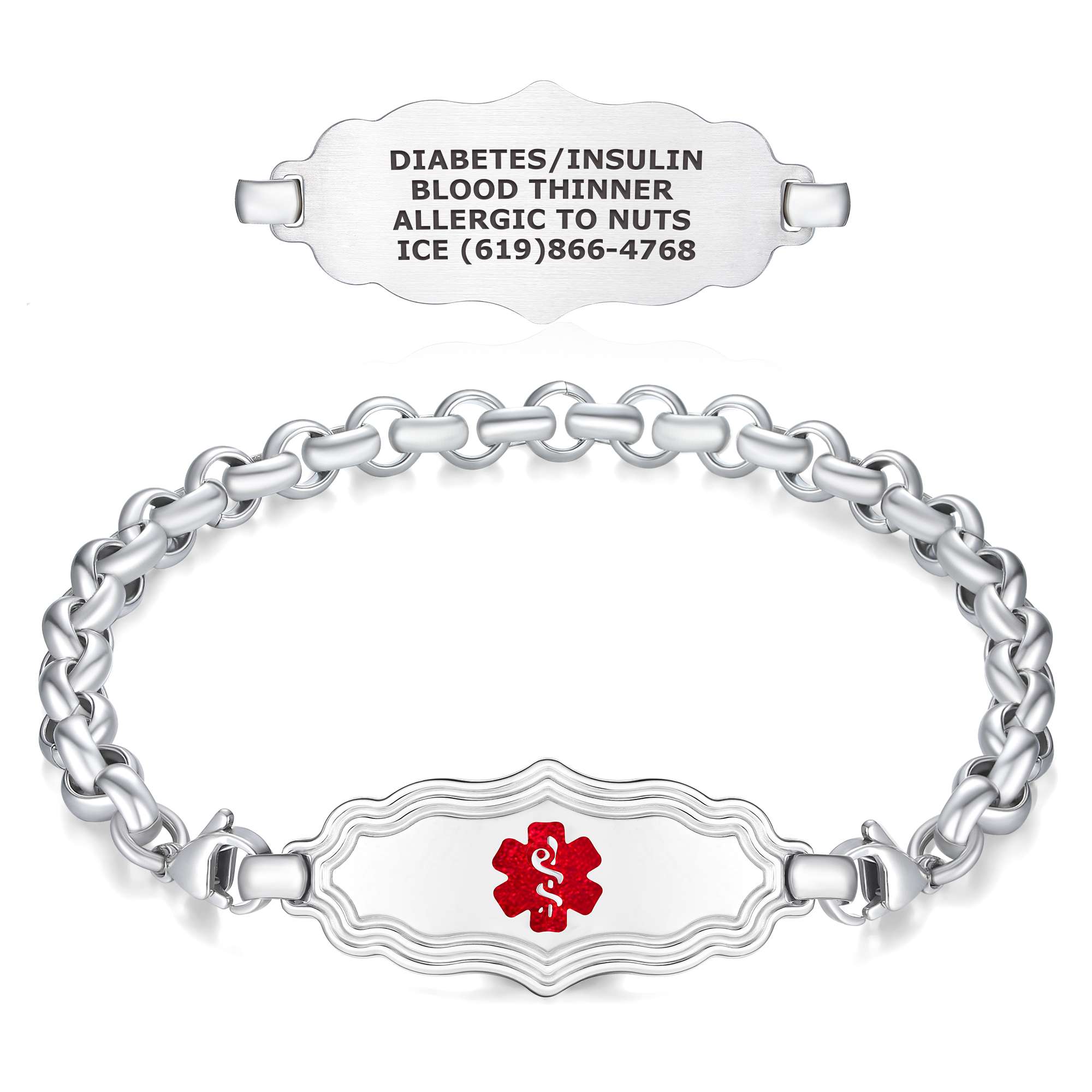 Medical ID - Victorian Art Deco Medical ID Bracelet with Rolo Chain