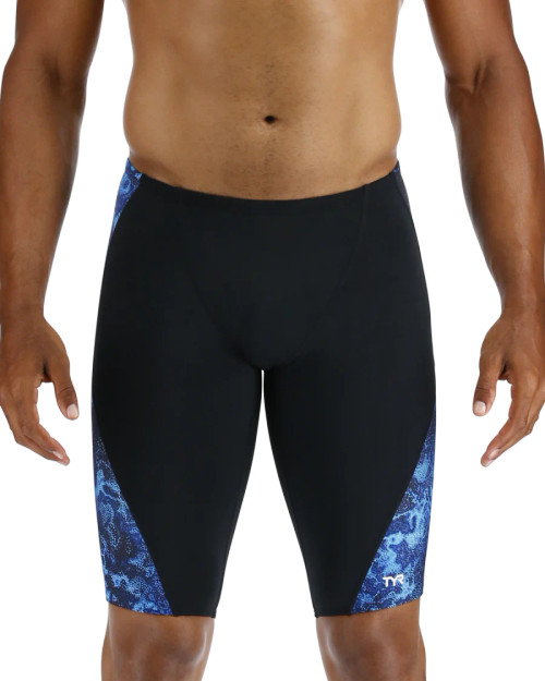 TYR Men’s Diploria Blade Jammer Swimsuit with bold marine-inspired blade print. Men’s knee-length jammer with Durafast Lite® fabric, compressive fit, and drawstring waist.