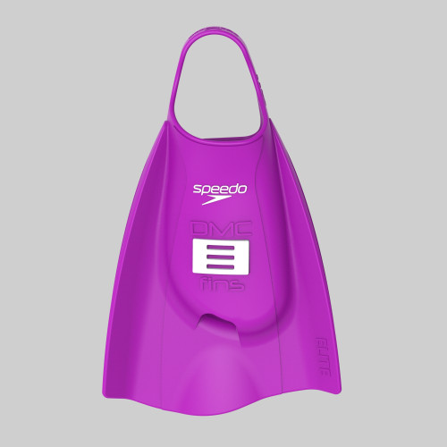Speedo swim training fin in vibrant purple with open heel strap and Speedo logo on top, designed for strength and technique training.