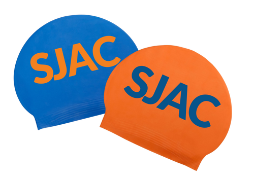 Two SJAC latex swim caps in bright blue and orange, with bold SJAC lettering printed across the front.