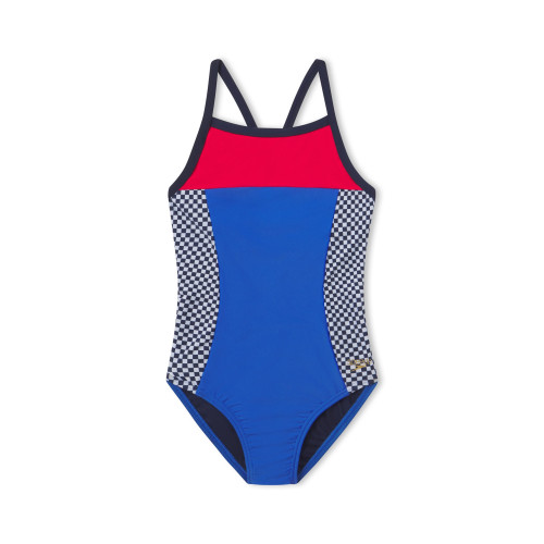 Girls’ Speedo one-piece swimsuit with blue body, red chest panel, and black-and-white checkered side panels, designed for swimming performance.