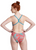 Women’s Speedo one-piece swimsuit in coral with teal floral print, featuring a thin-strap crossback design for performance swimming.