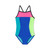 Girls’ Speedo one-piece swimsuit with blue body, neon green side panel, teal side panel, and bright pink chest panel, designed for swim training and performance.