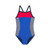 Girls’ Speedo one-piece swimsuit with blue body, red chest panel, and black-and-white checkered side panels, designed for swimming performance.