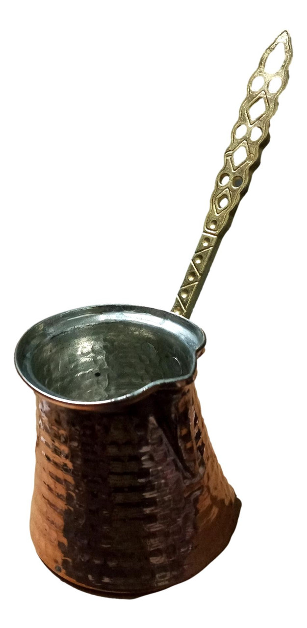 Copper Turkish Coffee Maker with Wooden Handle, Creamer, and a Cup.  Gorgeous Cezve Ibrik or Finjan. Unique Antique Beautiful