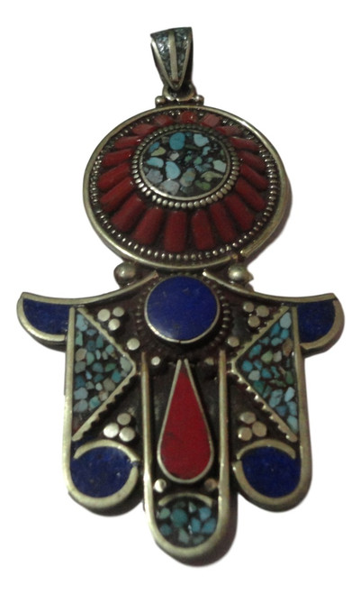 CORAL & TURQUOISE LAPIS LAZULI IMITATION STONES Moroccan HAMSA PENDANT  JP03TB