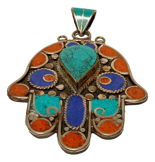  CORAL & TURQUOISE LAPIS LAZULI IMITATION STONES Moroccan HAMSA PENDANTT0-5Z8F-F62G 