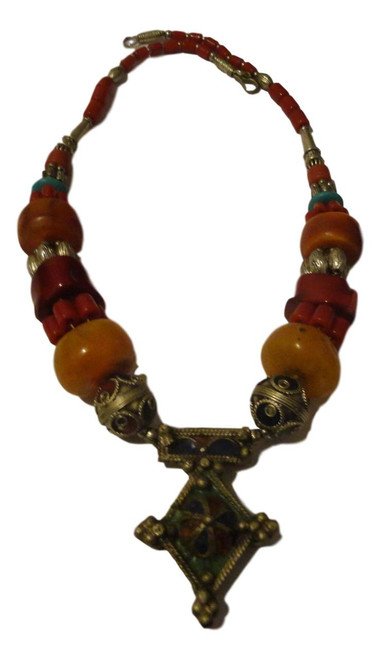 Moroccan african Berber artisan Coral Amber enameled Berber Cross necklace 
