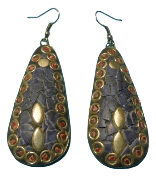 Nepale Ethical Tibet Coral Lapis lazuli Inlaid Earrings