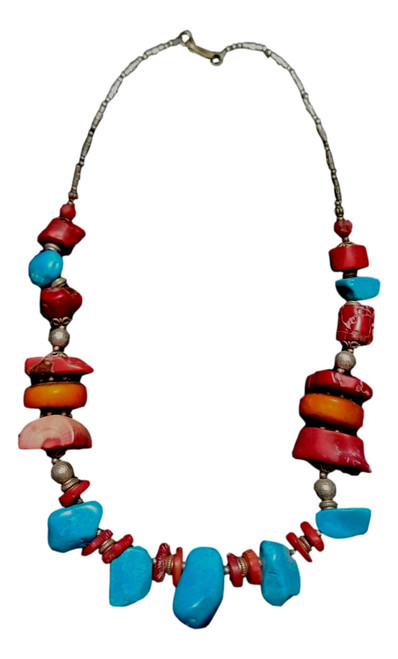 Handmade Moroccan african Berber artisan Coral Amber Turquoise necklace 2C-HDZK-ZOHW