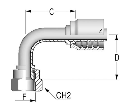 B-0608-FJ9S - 3/8 Hose x 1/2 JIC Female 90 Degree Short Crimp Fitting