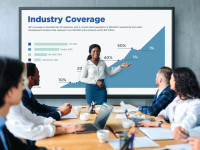 Corporate meeting with multiple professionals collaborating and presenting wirelessly on the massive 98" 4K ViewBoard using USB-C