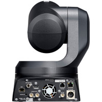 Back view of AW-UE150 PTZ camera showing 12G-SDI, HDMI, and IP network connectivity ports