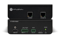 Atlona AT-HDRX-RSNET HDBaseT Receiver showing HDMI out, CAT in, RS-232, and Ethernet ports.