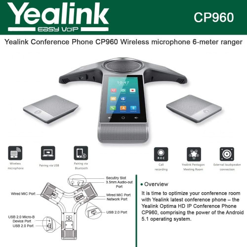 Yealink CP960 Conference IP Phone, 5-Inch Color Touch Screen. 802.11ac Wi-Fi, 802.3af PoE, Power Adapter Not Included