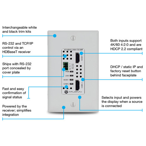Atlona AT-HDVS-210H-TX-WP 4K UHD 2x1 HDBaseT Wall Plate Switcher with Dual HDMI Inputs