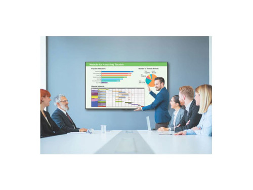 Massive 86-inch Sharp PN-UH861 display mounted in a corporate lobby, running 16/7 digital signage content