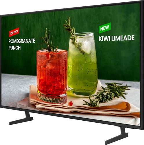 Vibrant 4K Crystal UHD content displayed on the 70-inch Samsung commercial display in a retail setting.