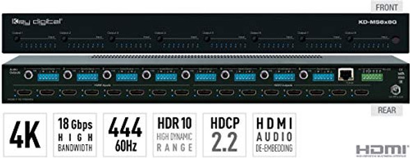 Key Digital 8x8 4K 18G HDMI Matrix Switcher with Independent Audio Switching, Balanced/Unbalanced Audio, Audio De-embedding of Analog L/R/PCM