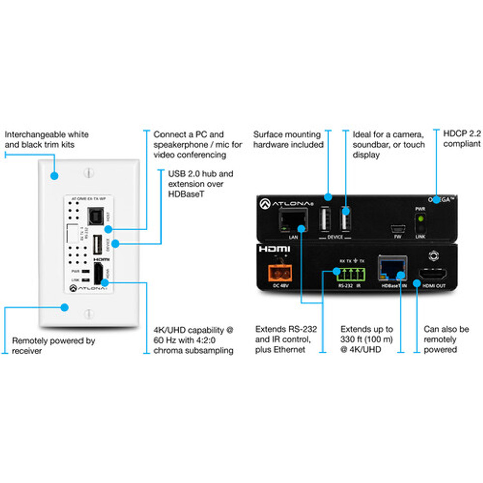 Atlona Omega 4K/UHD HDMI/USB-over-HDBaseT Wall-Plate Extender Kit (230') Atlona Omega 4K/UHD HDMI/USB-over-HDBaseT Wall-Plate Extender Kit (230')