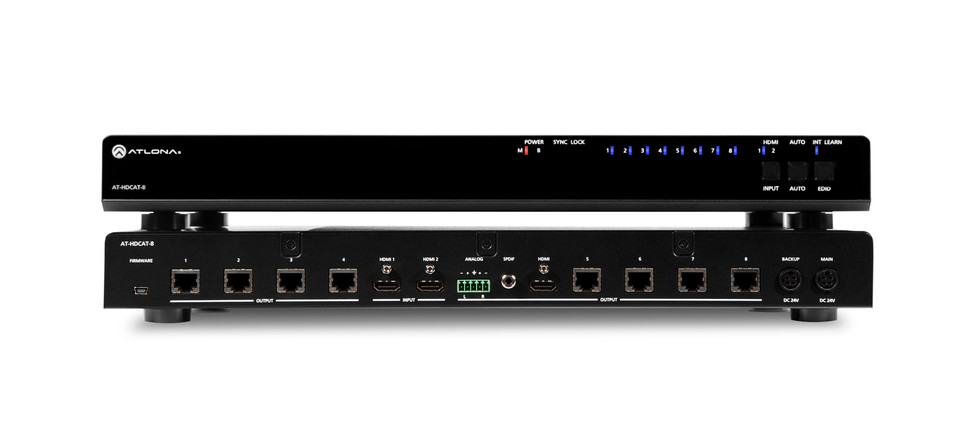 Atlona AT-HDCAT-8 HDBaseT Distribution Amplifier front panel showing HDMI indicator lights and status LEDs.