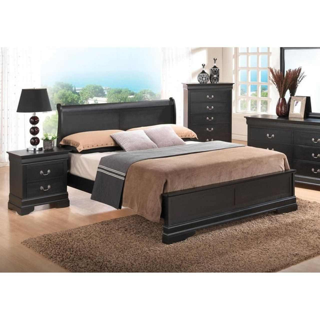 Glory Furniture Louis Phillipe Black 2pc Bedroom Set with Twin Storage Bed  - Miko Decor